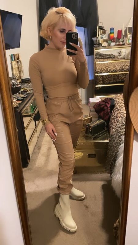 Monochromatic nude. 🙏🏼🙏🏼🙏🏼 Express body contour mock neck, drawstring pants from Shein (🫠🫣😬), and Sam Edelman booties. 🤍🤍🤍 I linked everything to shop! 

#LTKstyletip #LTKshoecrush #LTKunder100