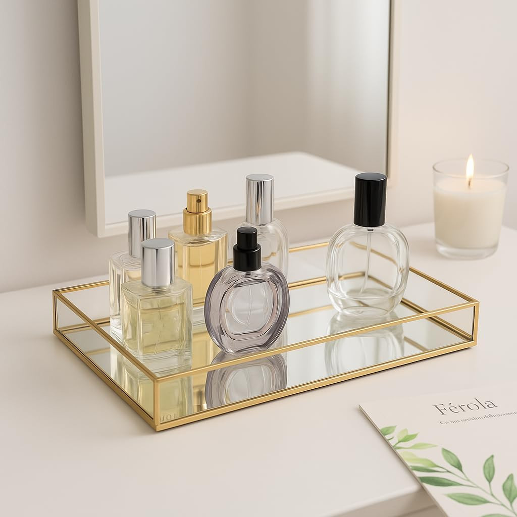 Feyarl Gold Glass Perfume Tray Mirror Vanity Jewelry Trinket Magazine Photo Organizer Ornate Cosm... | Amazon (US)