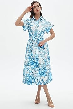 D-Sun Women Button Down Shirt Dress V-Neck Floral Printed Short Sleeves Mid Shirt Dress Belt A-Li... | Amazon (US)