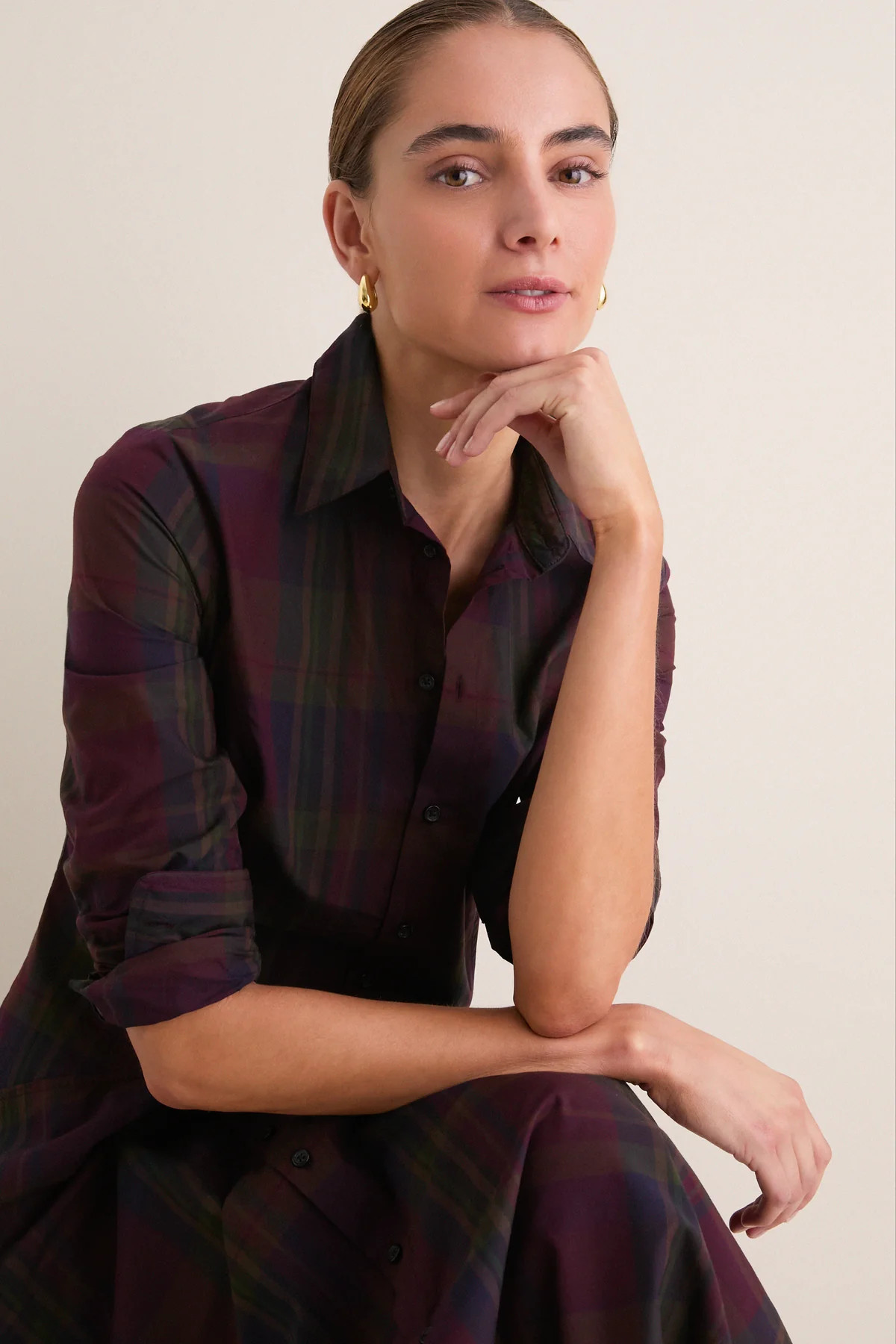 Merlot Green Multi Plaid Collared Long Sleeve Midi Dress | Tuckernuck (US)