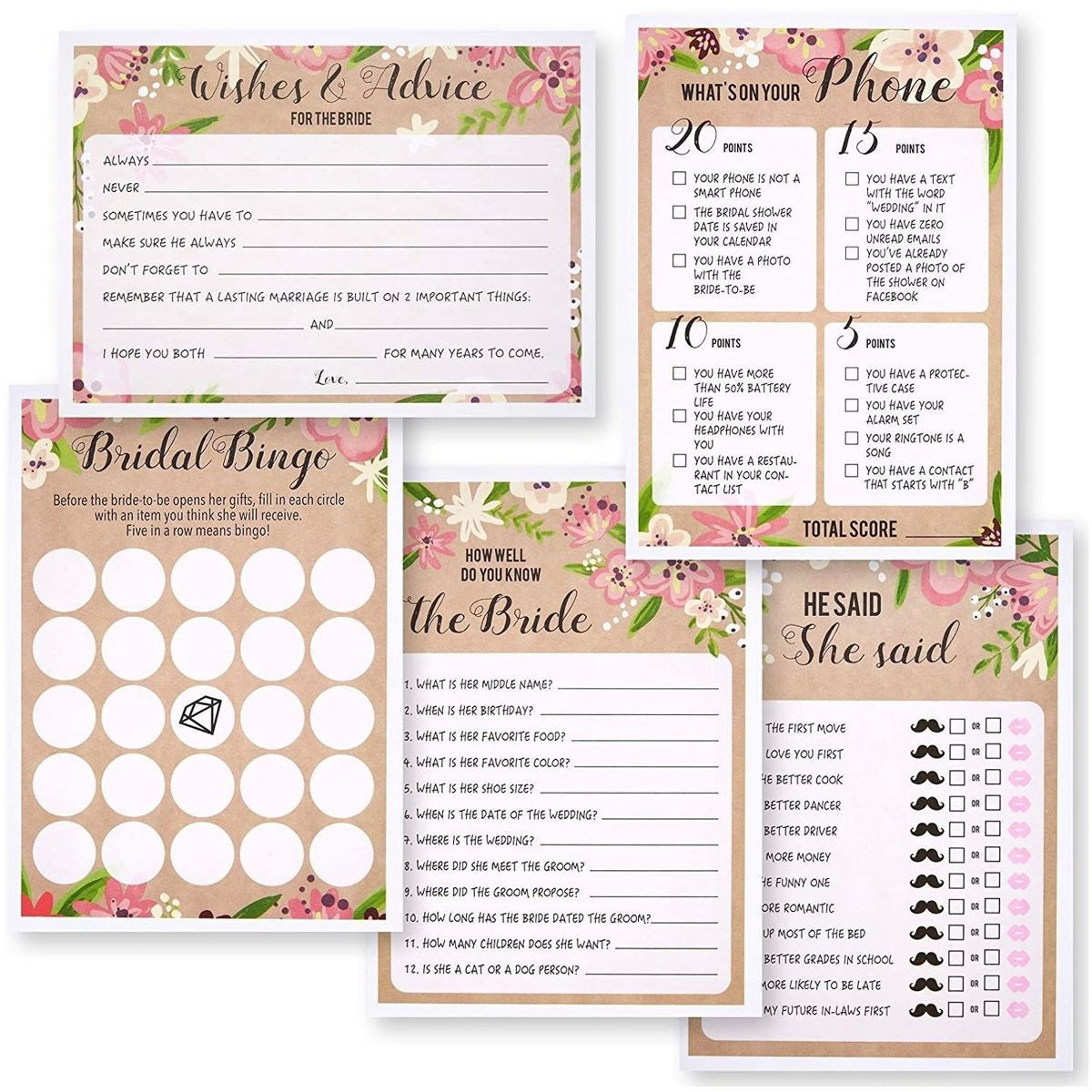 Best Paper Greetings Set of 5 Bridal Shower Games for Engagement Celebrations, Bridal, Bacheloret... | Target