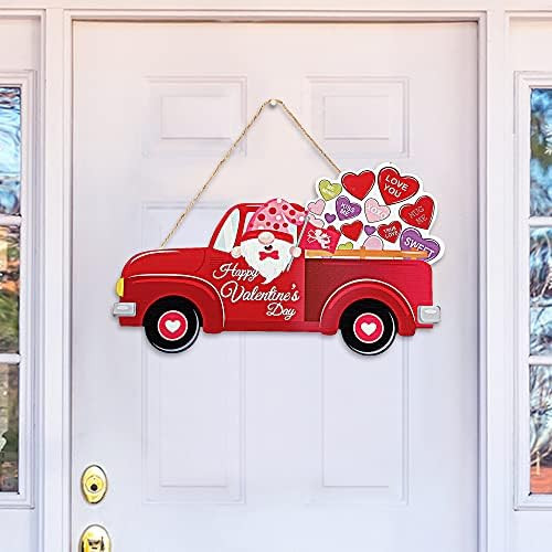 Sggvecsy Valentines Day Door Sign Front Door Hanging Sign Red Truck Gnome Heart Wooden Door Hange... | Amazon (US)