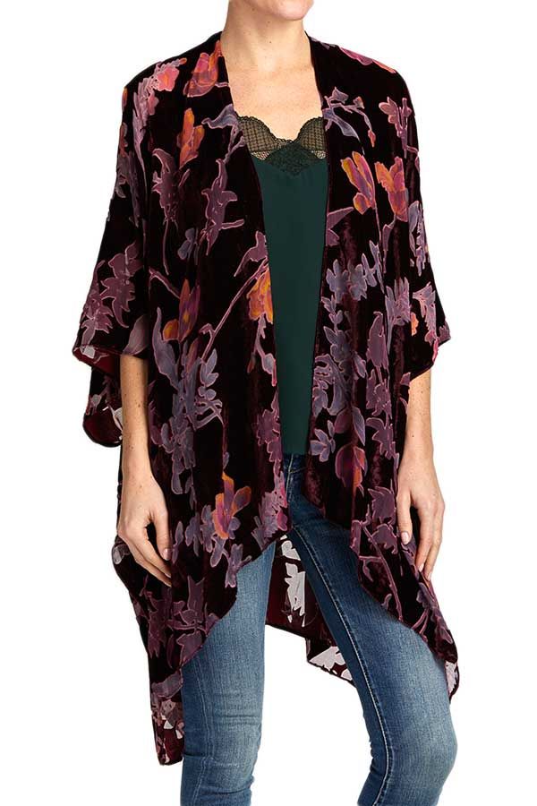 Urbanista Burnout Velvet Holiday Kimono / Plum / Size One Size | Social Threads