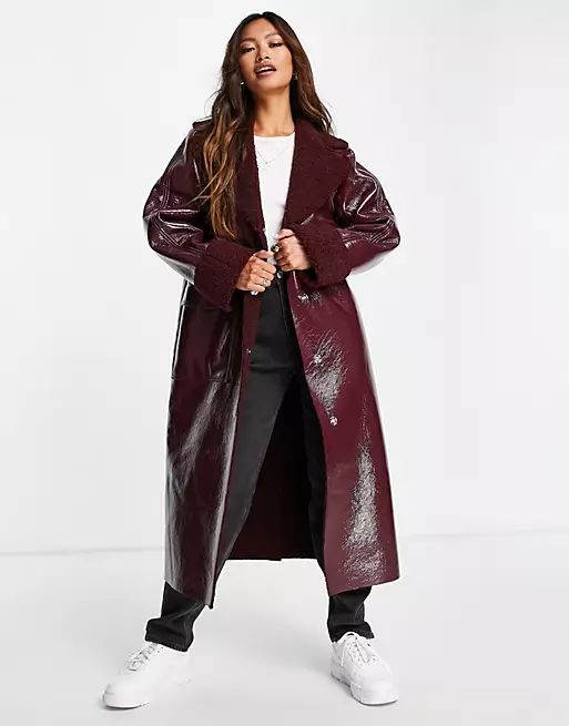 Topshop vinyl & sherpa long coat in burgundy | ASOS (Global)