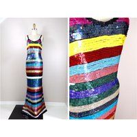90's Couture Sequined Gown // 1990S Vintage Sequin Party Rainbow Stripes Design Dress Small | Etsy (US)