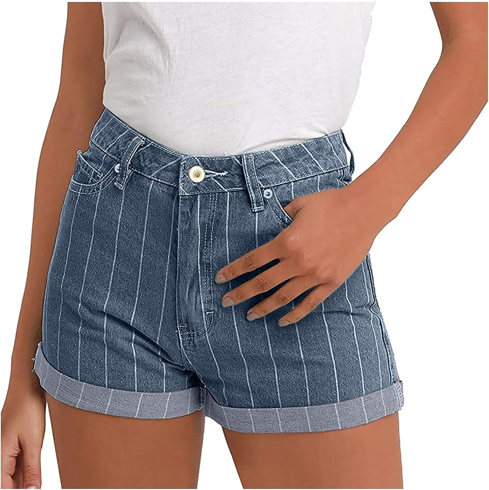 Striped Denim Shorts High Waisted Jeans Shorts for Women Junior Fashion Casual Denim Shorts Folde... | Amazon (US)