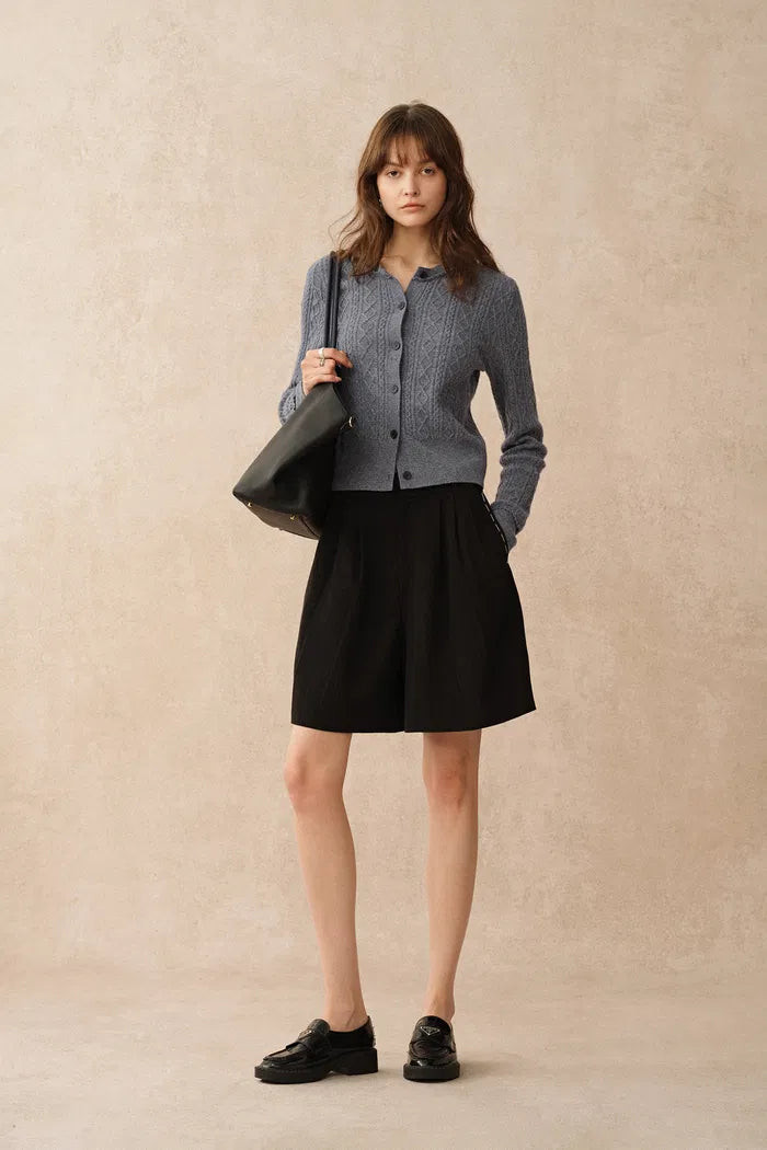 Jinji Grey Lace Trim Light Short Cardigan in Wool Cable Knit | Fabrique