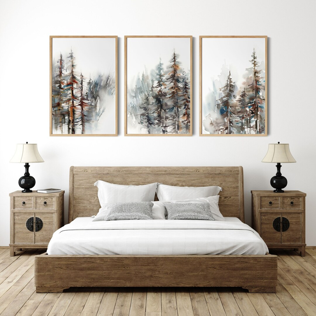 Pine Trees Forest Canvas Prints Set of 3 Pieces Wall Art, Abstract Nature, Tree Watercolor Painti... | Etsy (US)