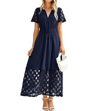 Simplee Womens 2025 Summer Boho Maxi Dress V Neck Empire Waist Long Flowy Dresses with Pockets | Amazon (US)