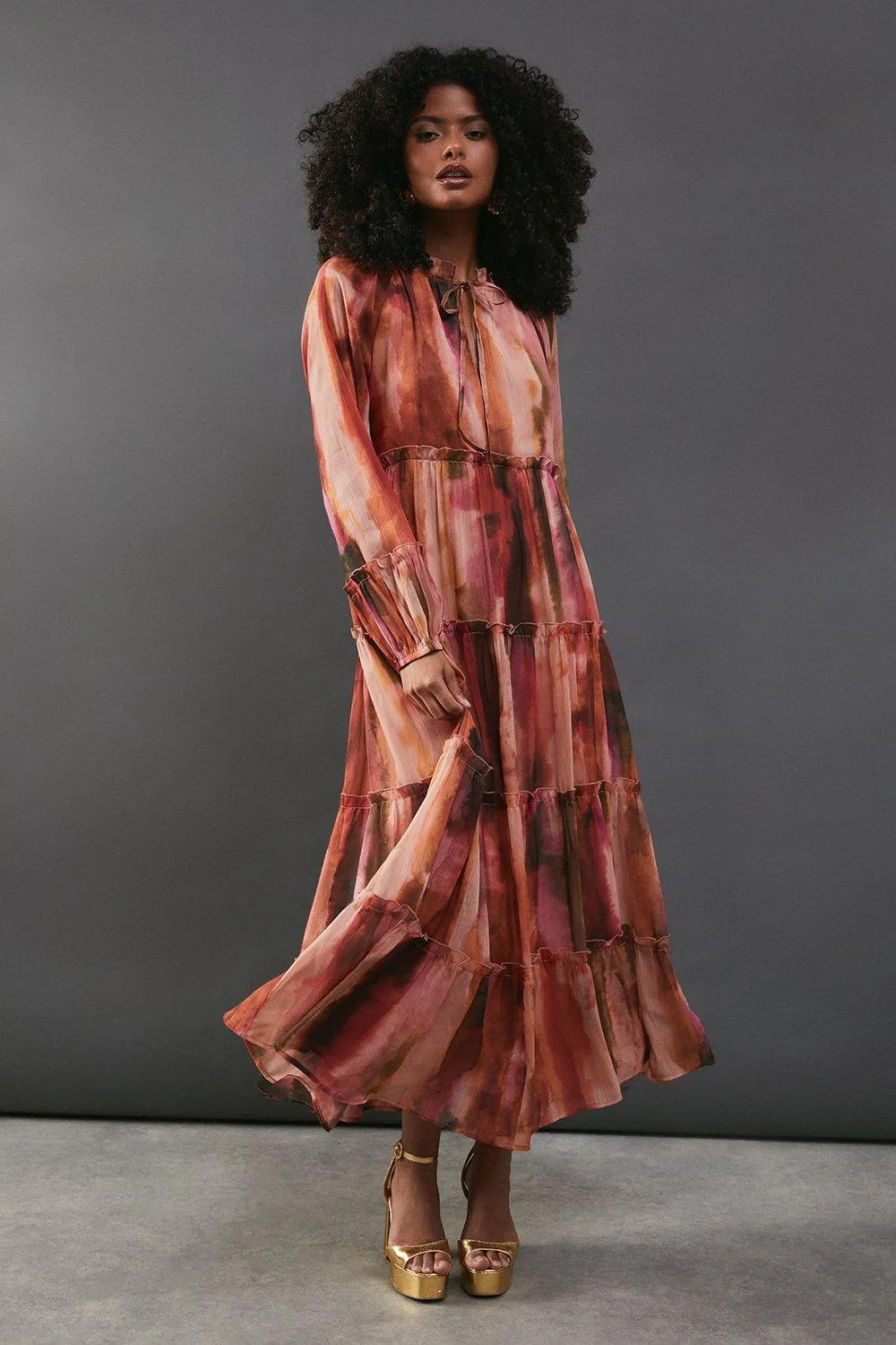 Chiffon Sunset Print Tie Neck Tier Midi Smock Dress | Debenhams UK