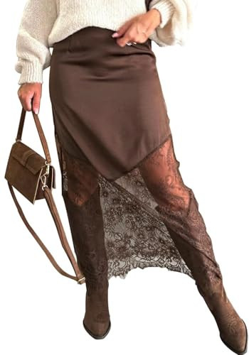 LETSVDO Women's Long Lace Skirts Satin Silky Elastic Waist Sheer Patchwork A Line Boho Maxi Skirt Going Out Party Skirt Brown | Amazon (US)