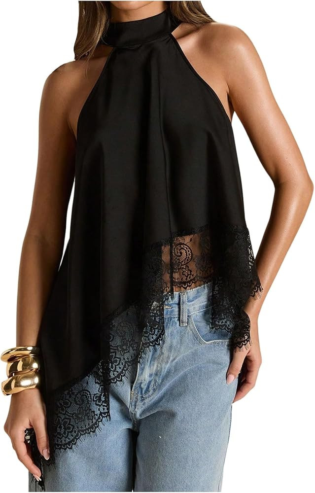 Verdusa Women's Lace Asymmetrical Halter Blouse Satin Camisole Sleeveless Flowy Tops Summer Y2k O... | Amazon (US)