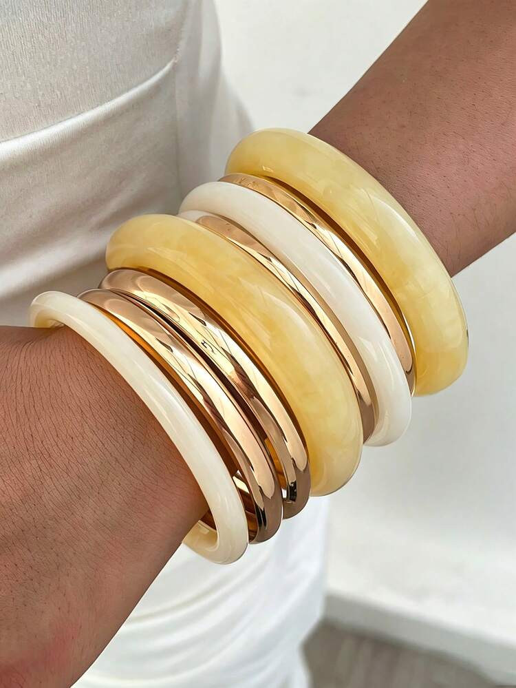 8pcs/4pcs Vintage Elegant Bohemian Casual Women's Yellow Acrylic Bracelets And Metal Plain Bangle... | SHEIN