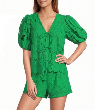 Sugarlips Friona Eyelet V-Neck Short Bubble Sleeve Coordinating Top | Dillard's | Dillard's