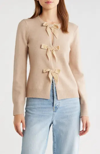WAYF Kayla Velvet Bow Front Cardigan in Beige at Nordstrom Rack, Size Large | Nordstrom Rack