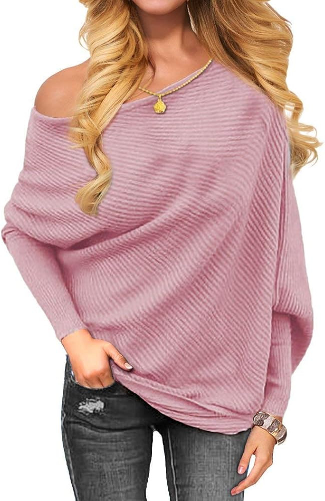 OmicGot Women's Off The Shoulder Long Sleeve Pullover Knit Jumper Baggy Solid Sweater | Amazon (US)