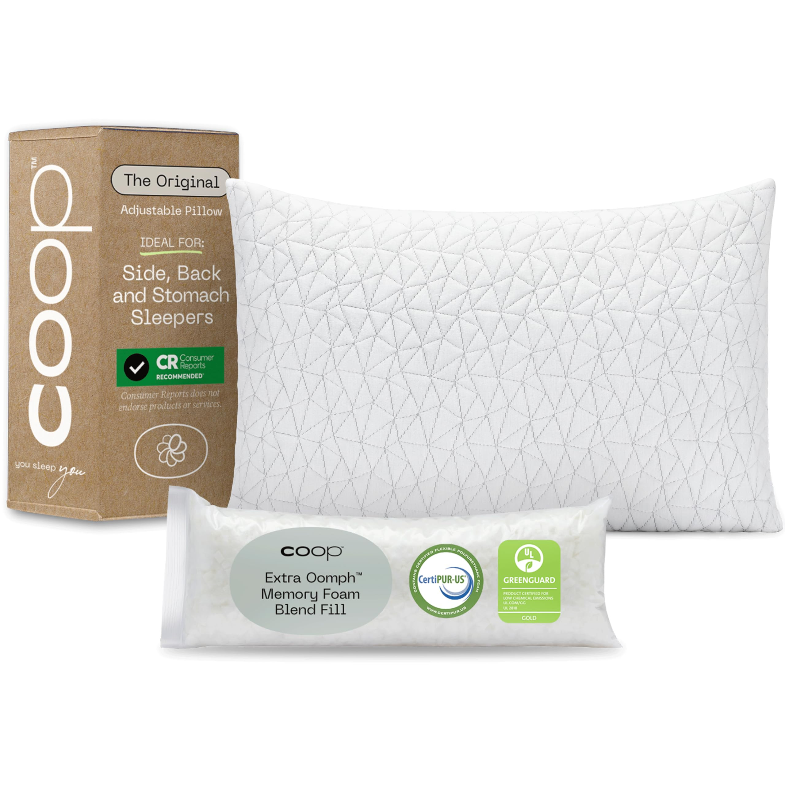 Coop Home Goods Original Adjustable Pillow, Queen Size Bed Pillows for Sleeping, Cross Cut Memory Foam Pillows - Medium Firm Back, Stomach and Side Sleeper Pillow, CertiPUR-US/GREENGUARD Gold | Amazon (US)