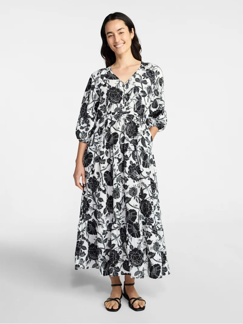 Time and Tru Women's V-Neck Maxi Dress with ¾-Length Sleeves, Sizes XS-XXXL | Walmart (US)