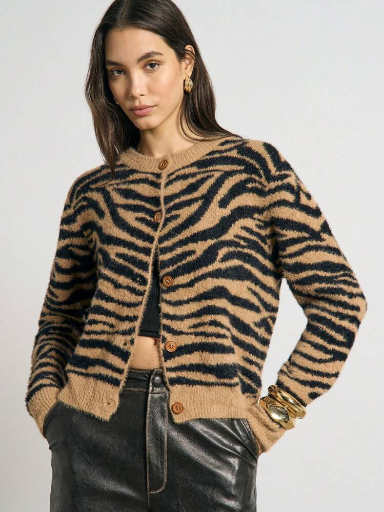 AiiRZ Tiger Print Fluffy Knit Button Front Cardigan | SHEIN