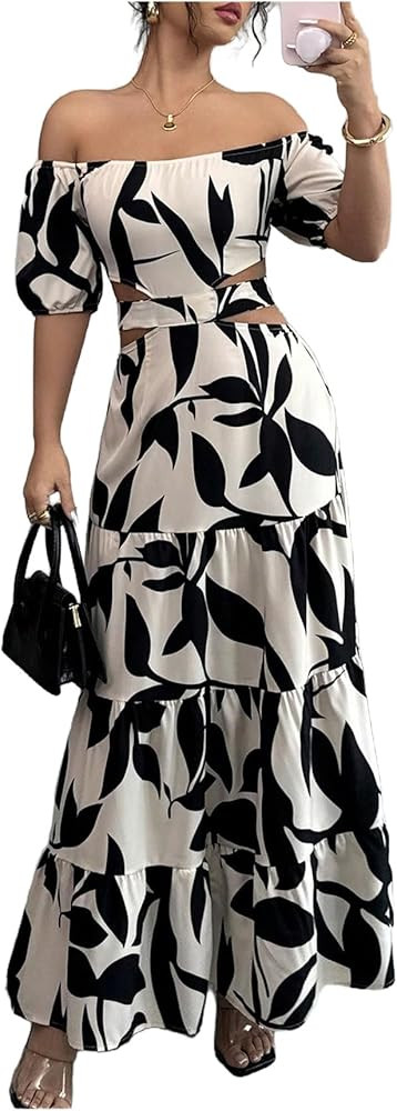 MakeMeChic Women's Off The Shoulder Maxi Dress Cut Out Backless Ruffle Short Sleeve Shirred Summe... | Amazon (US)