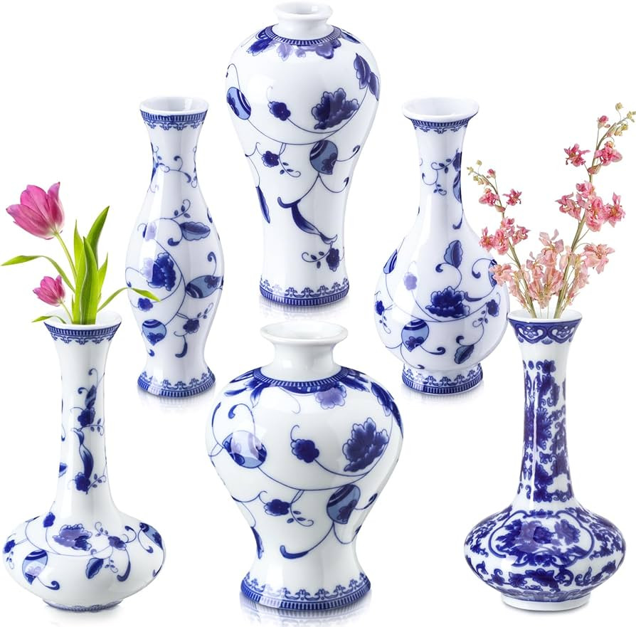 Funtery Set of 6 Small Blue and White Porcelain Vases Blue Chinoiserie Decor Gifts Ceramic Flower... | Amazon (US)