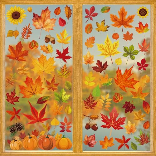 9 Sheets Fall Decorations, 274 PCS Fall Window Clings, Double Sided Autumn Stickers with Maple Leaves Pumpkin Nuts, Autumn Window Clings for Party Thanksgiving Decor Indoor Outdoor Accessories | Amazon (US)