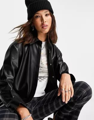 Topshop faux leather oversized shirt jacket in black | ASOS (Global)