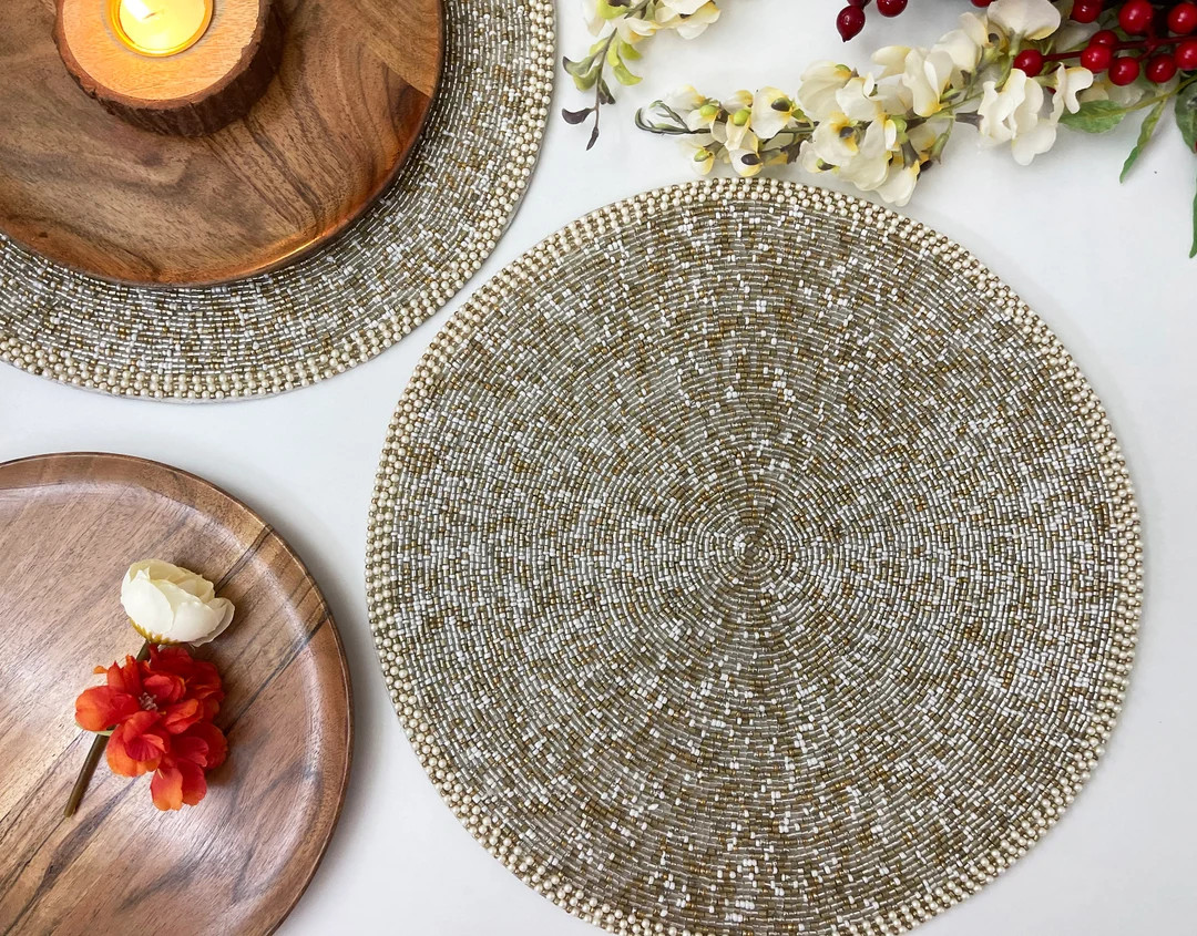 Handmade beaded placemat, beaded table mat, gold and silver | Etsy (US)