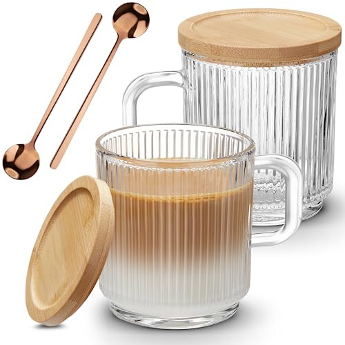 Mfacoy 2 PACK Glass Coffee Mugs with Handle & Spoon, 12 OZ Glass Coffee Cups with Bamboo Lid, Rib... | Amazon (US)