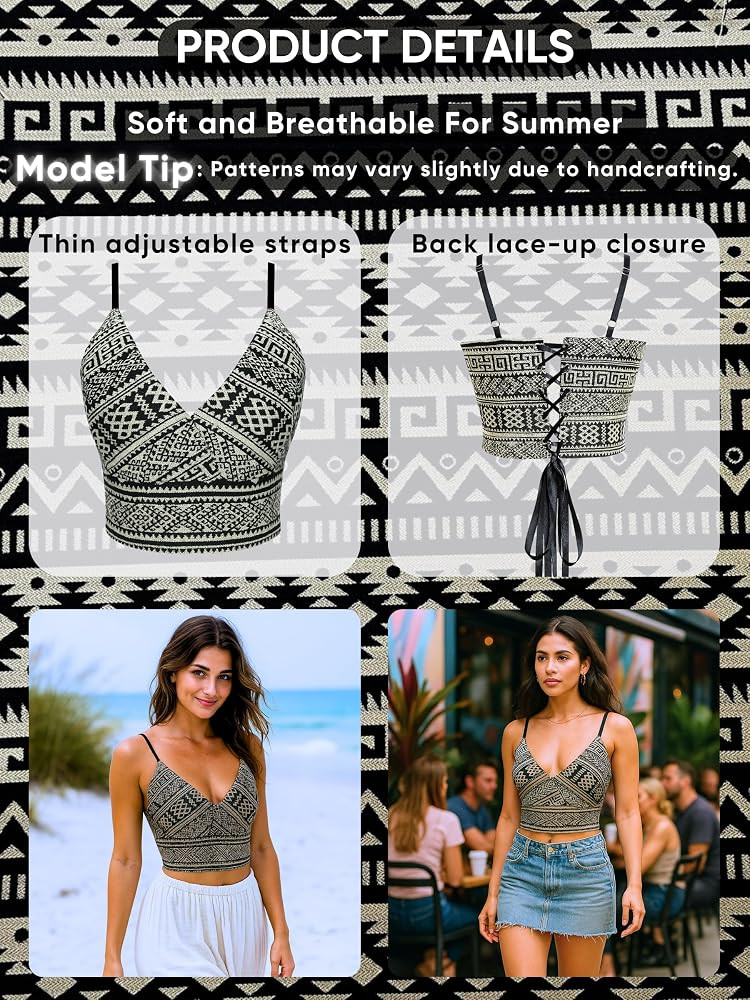 Boho Lace Up Crop Top for Women, Corset Style Boho Festival Top, Woven Ethnic Pattern Summer Crop... | Amazon (US)