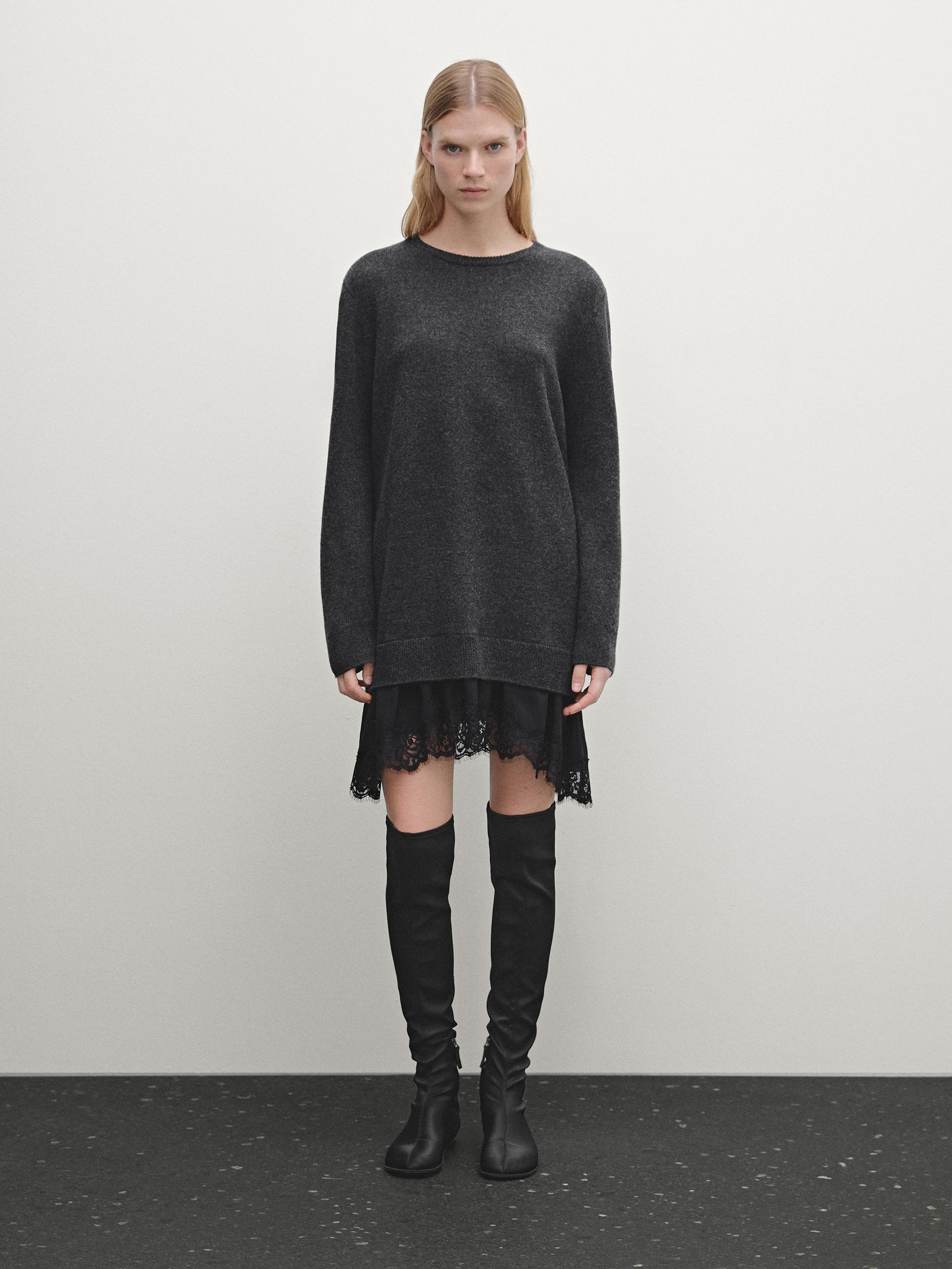 Knit dress with lace trim hem | Massimo Dutti UK