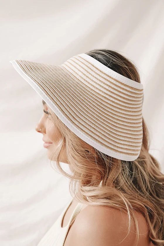The Beach is Calling White Striped Woven Straw Packable Visor | Lulus (US)