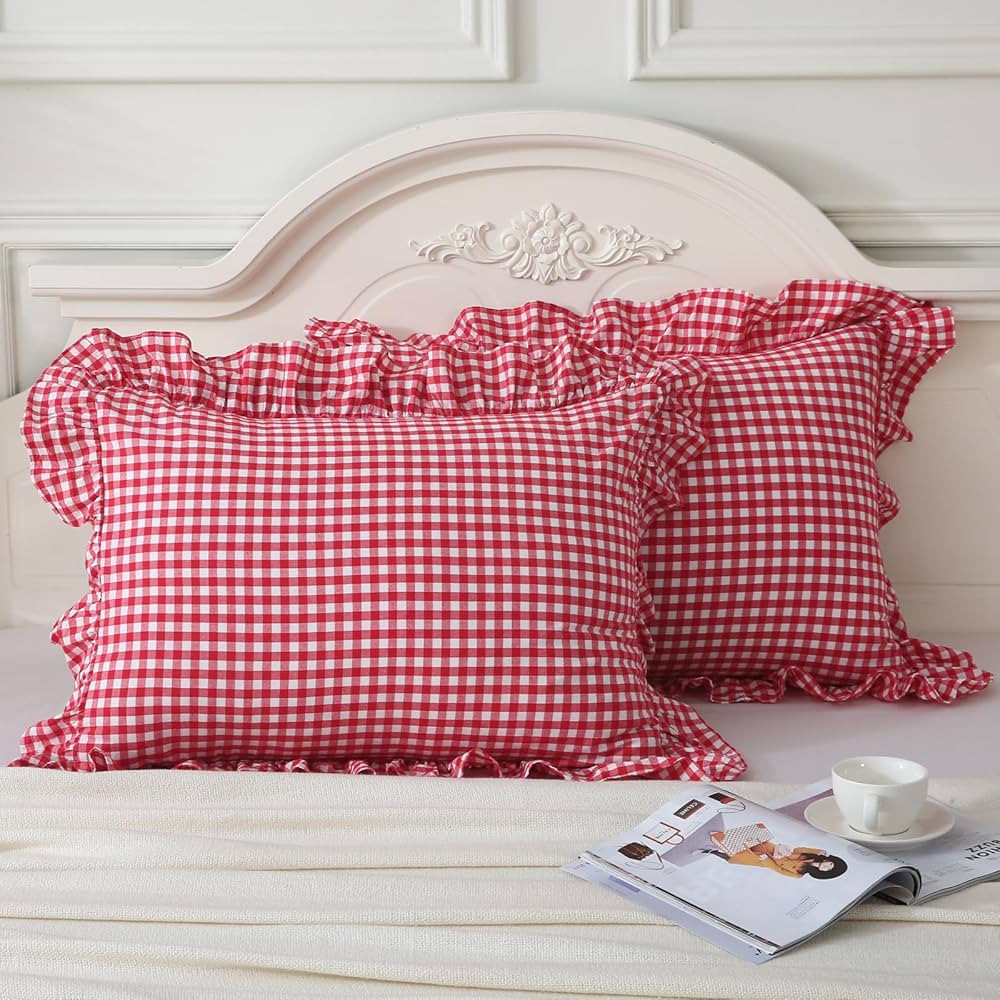 Red/White Plaid Pillow Shams Standard Size Set of 2,Shabby Checkered Washed Cotton Ruffle Pillow ... | Amazon (US)