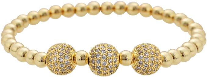 Edforce Stainless Steel 18K Gold Plated Three Crystals Balls Elastic Ball Chain Bracelet | Amazon (US)