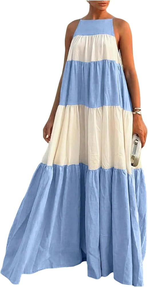 Milumia Women's Striped Cami Maxi Dress Color Block Tie Shoulder Flowy Summer Vacation Dresses | Amazon (US)