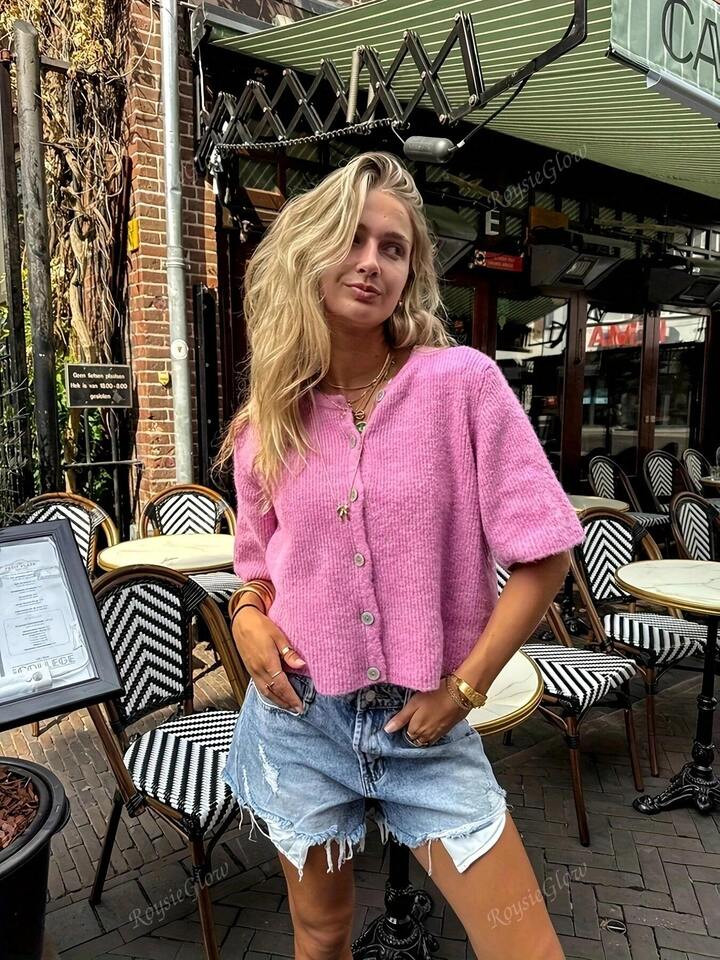 Round Neck Short Sleeve Solid Color Knitted Cardigan, Spring/Summer | SHEIN