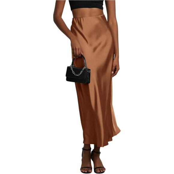 Women's Caramel Brown 100% Polyester Satin A Line Long Elegant Office Maxi Skirt | Poshmark