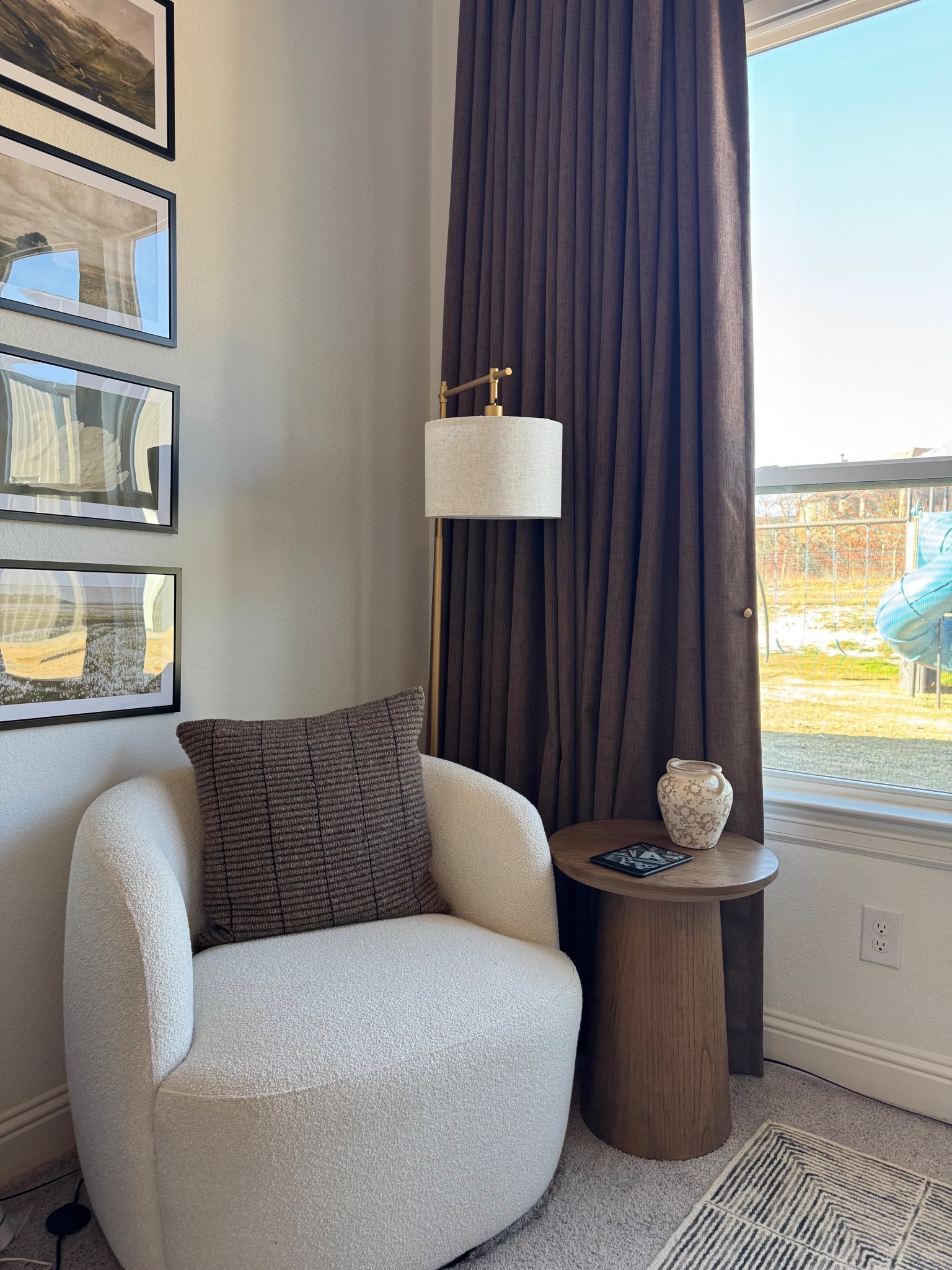 Bedroom corner, cozy corner, reading nook, reading corner, curtains, frames, accent chair, floor lamp

#LTKHome