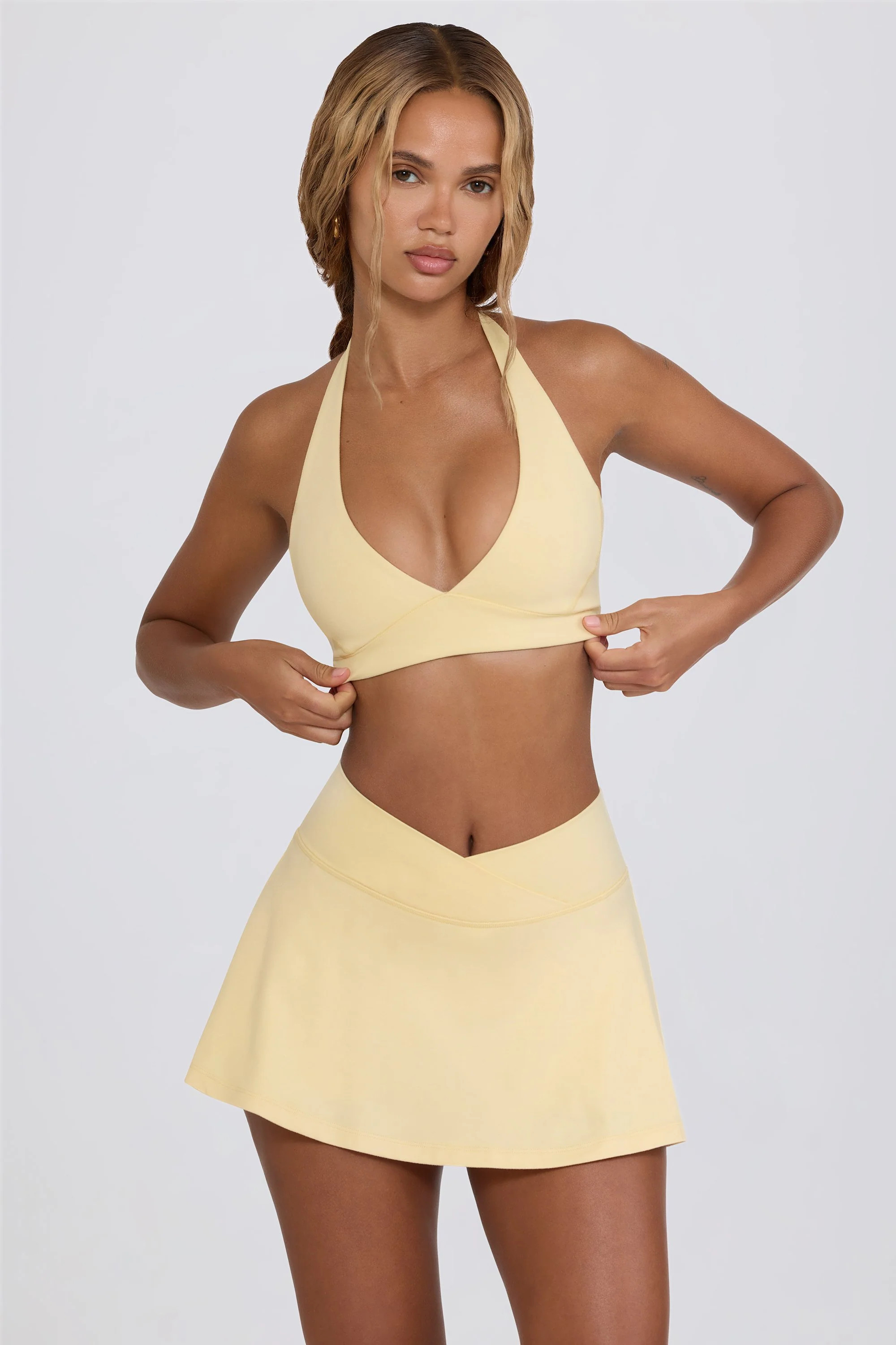 Brushed Jersey Crossover Mini Skort in Lemon Marl | Oh Polly