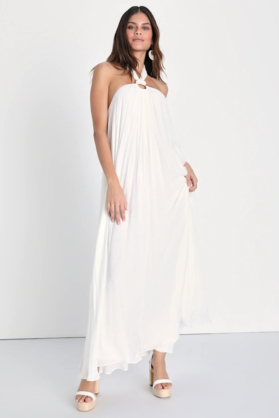 Corfu Charm Ivory O-Ring Halter Maxi Dress | Lulus