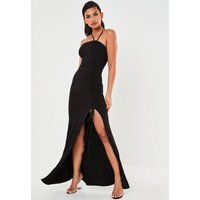 Black Slinky Ruched Split Maxi Dress | Missguided (US & CA)