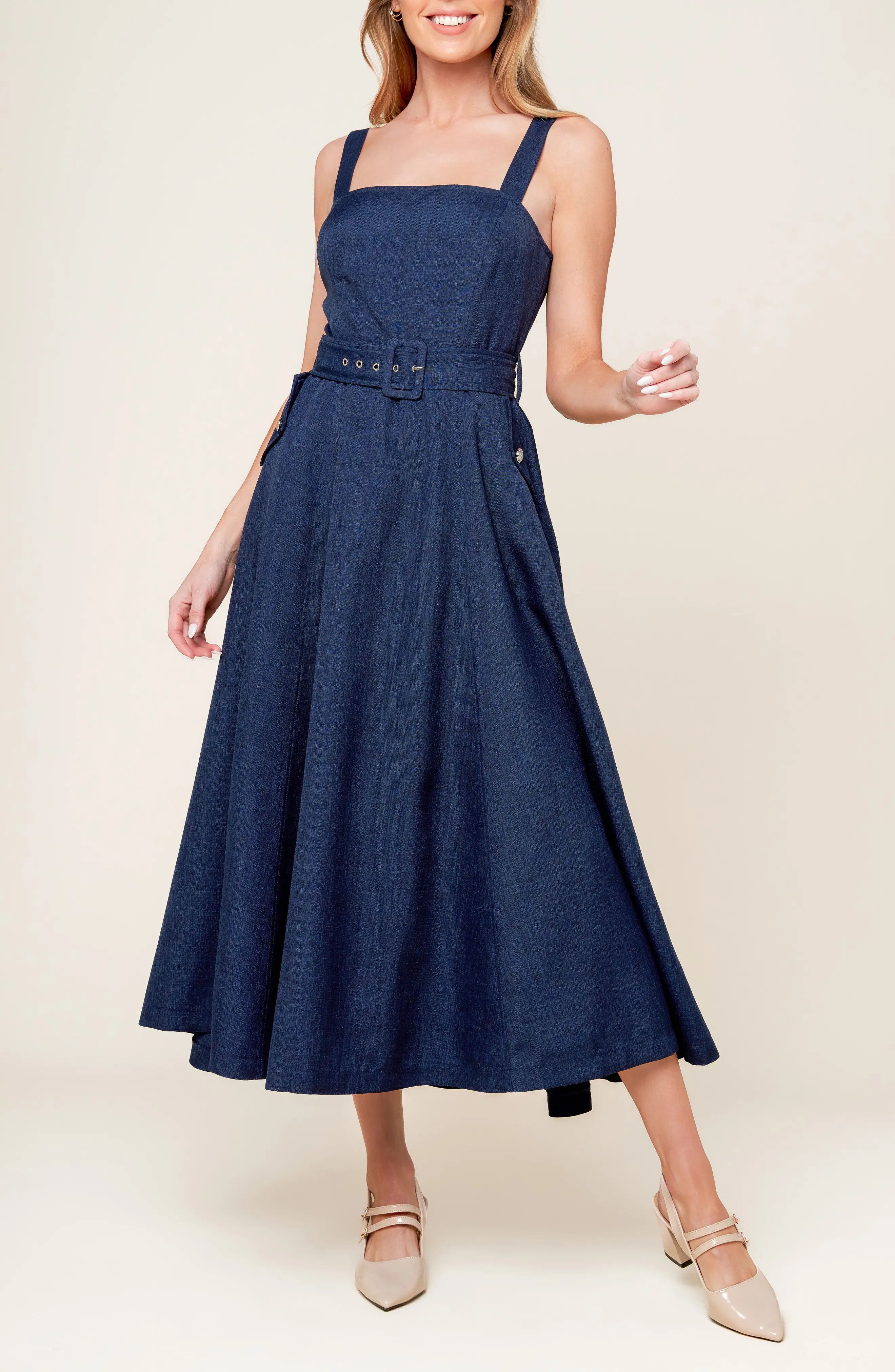 FLYING TOMATO Square Neck Belted Fit & Flare Midi Dress (Women) | Nordstromrack | Nordstrom Rack