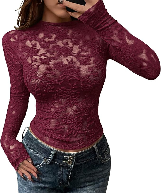 BTFBM Mesh Long Sleeve Tops for Women Lace Sexy Sheer See Through Crew Neck Floral Shirt Fall Blo... | Amazon (US)
