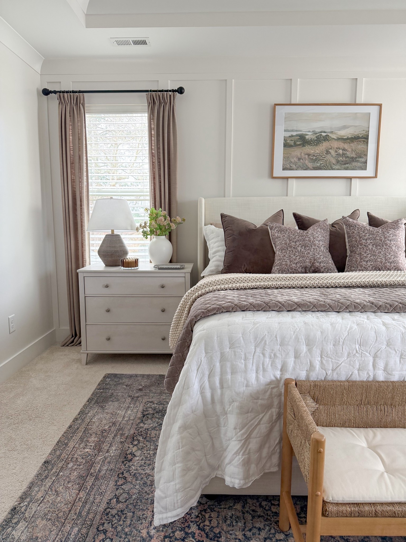  Modern Classic bedroom, bedroom decor, bedroom furniture, Tilly bed, transitional home, master bedroom ideas, neutral bedroom, bedroom curtains, pinch pleats, neutral bedding, art over bed, affordable art, nightstand, layered bedding, cozy bedding @Quince 

#LTKHome