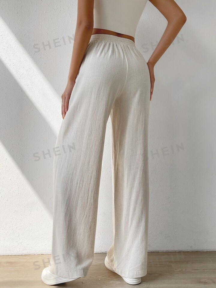SHEIN EZwear Solid Slant Pocket Linen Wide Leg Pants | SHEIN