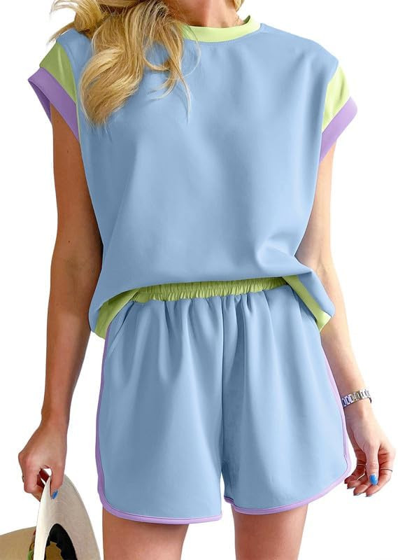 SHEWIN Women's Two Piece Lounge Sets Casual Short Sleeve Pullover Tops Matching Shorts Loungewear... | Amazon (US)