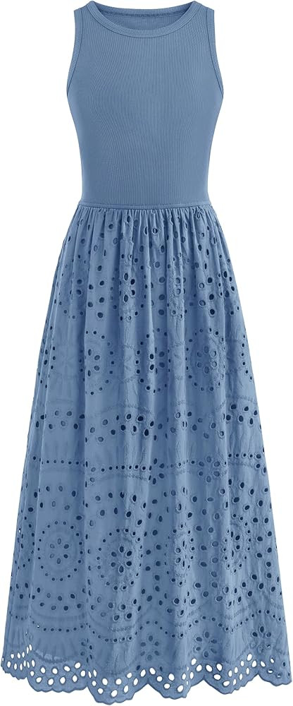 dowerme Women Sleeveless Lace Eyelet Cotton Tank Maxi Dress | Amazon (US)