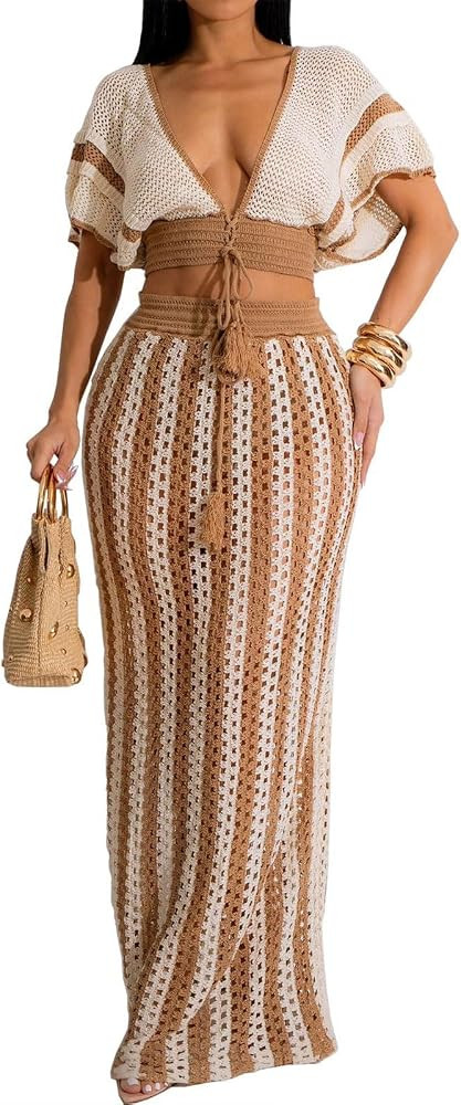 2 Piece Skirt Sets for Women Knit Crochet Color Block Crop Top Striped Maxi Skirts Hollow Out Vac... | Amazon (US)