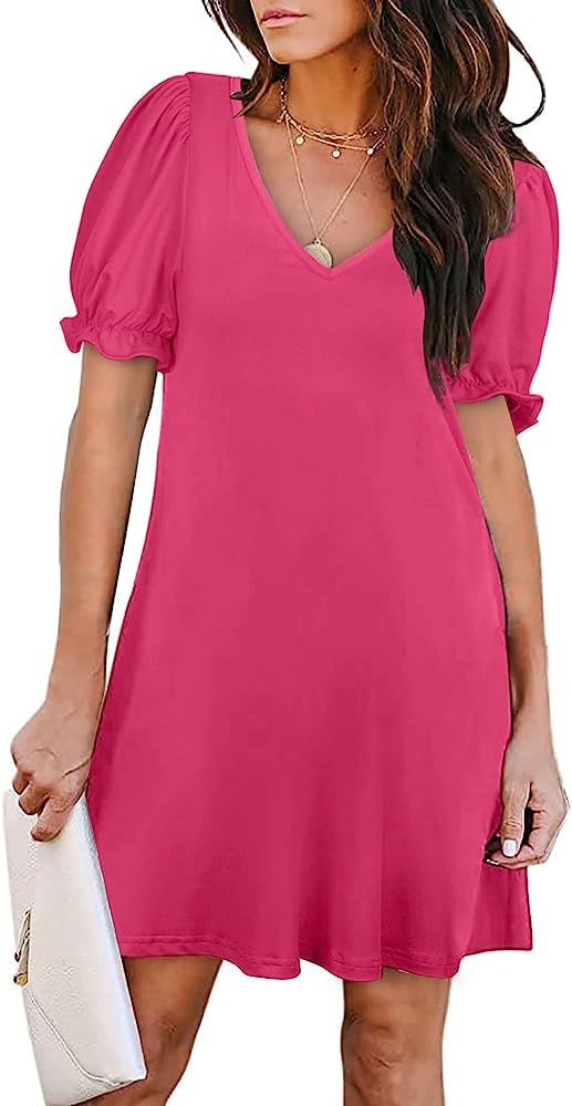 FAPPAREL Women's Casual Dresses Short Puff Sleeve V-Neck Dress Spring/Summer | Amazon (US)