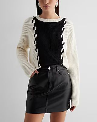 Cable Knit Color Block Crew Neck Sweater | Express